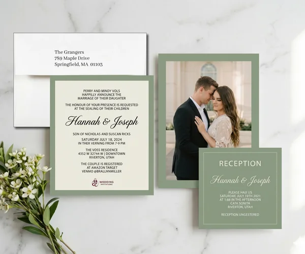 LDS temple sealing invitation with photo and matching reception insert card