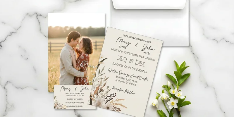 Beautiful photo-backed wedding invitation showing couple's engagement photo on premium matte cardstock