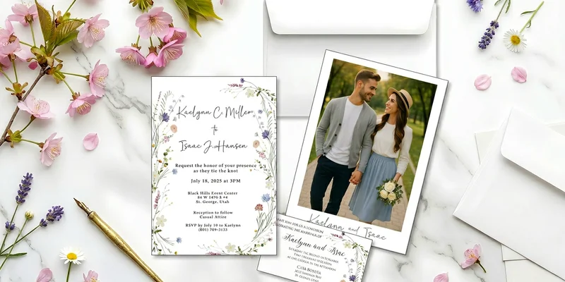 Beautifully designed custom wedding invitation with photo on back displayed on elegant surface