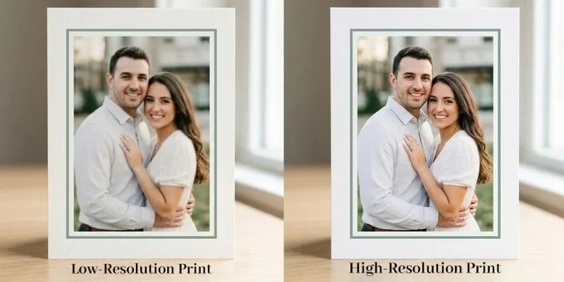 Before and after showing low resolution photo versus high resolution photo on printed invitation