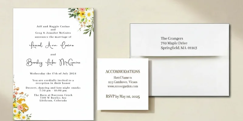 Budget friendly wedding invitation package showing invitation, insert card, and matching envelope all included