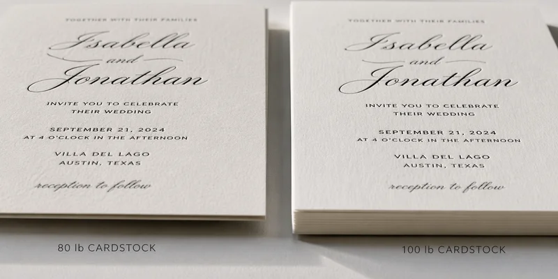 Close-up detail of premium 100 lb matte cardstock wedding invitation showing rich color and print quality