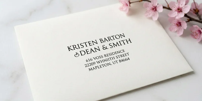 Close-up detail of professionally printed guest address on white wedding envelope with modern elegant font
