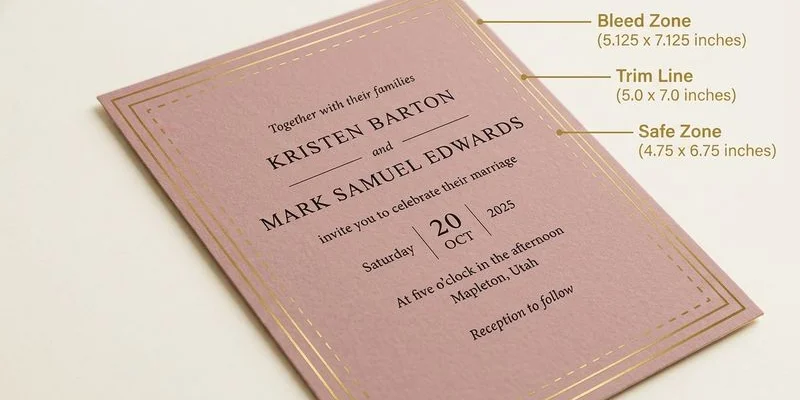 Diagram showing bleed margin, safe zone, and trim line on wedding invitation layout