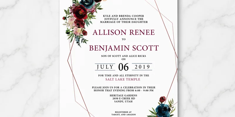 Example LDS temple sealing invitation wording layout with parent names, temple name, and date