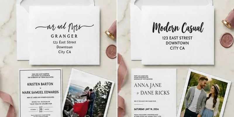 Examples of formal and casual wedding envelope addressing styles shown side by side