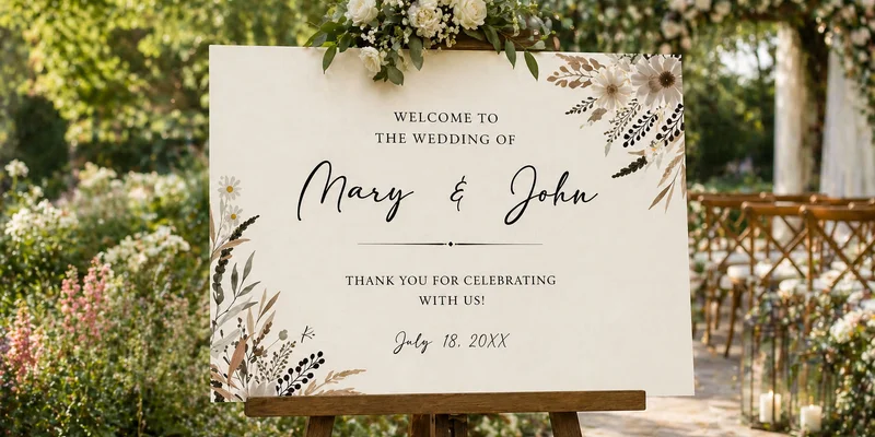 Large custom wedding welcome sign with floral design displayed at reception entrance
