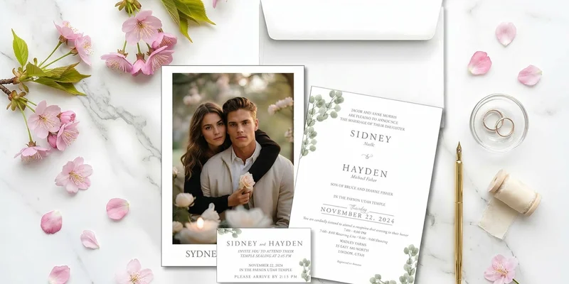 LDS temple sealing invitation suite with matching insert card and envelope displayed alongside a temple photo