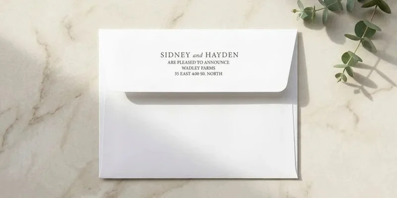 Professionally printed wedding envelope with return address on back flap in elegant font