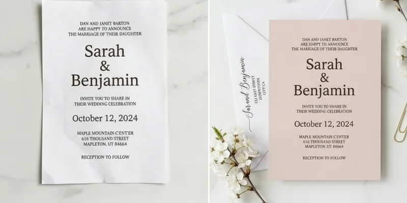 Side by side comparison of DIY printed invitation versus professionally designed custom invitation showing quality difference