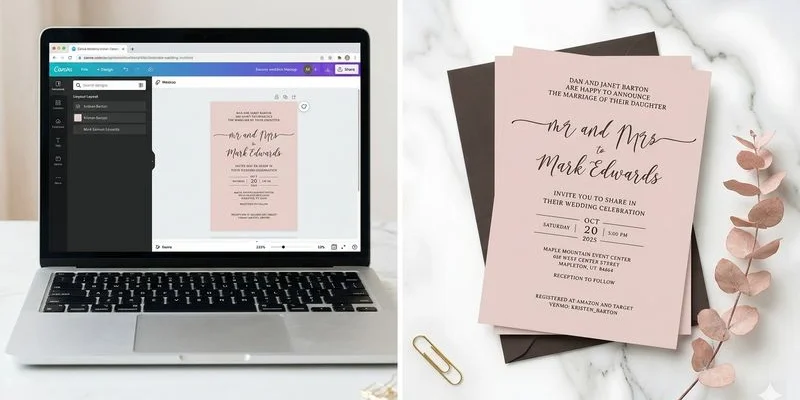 Side by side showing Canva design file on screen and the professionally printed result on thick matte cardstock