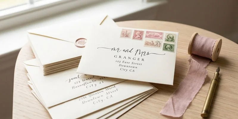 Stack of addressed wedding invitations with stamps ready to be mailed at the post office