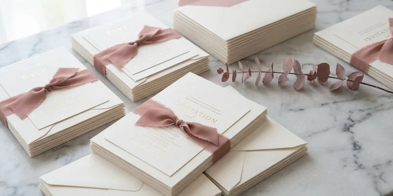 Stacks of invitation sets organized and ready for a large wedding with matching envelopes and insert cards