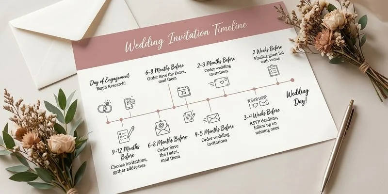 Wedding invitation mailing timeline infographic showing key dates for ordering and sending