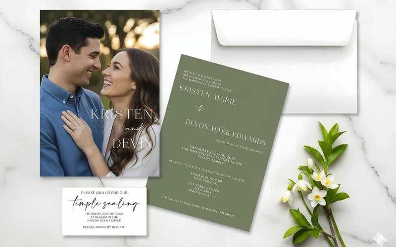 Beautiful LDS temple sealing invitation with elegant typography and watercolor temple illustration