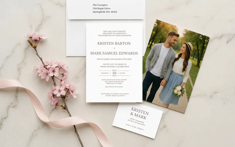 Complete wedding invitation package showing front design, photo on back, matching insert card, and white envelope laid out on elegant surface