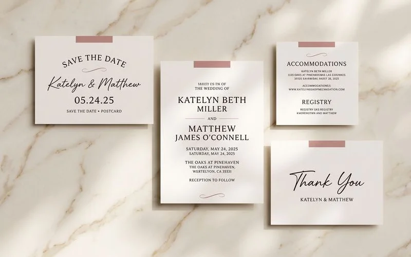 Complete wedding stationery collection including save the date postcard, invitation suite, and thank you card displayed on marble surface