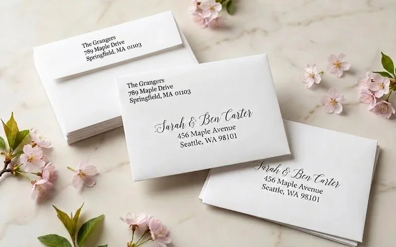 Professionally printed wedding envelopes with elegant calligraphy-style font showing return address and guest addressing