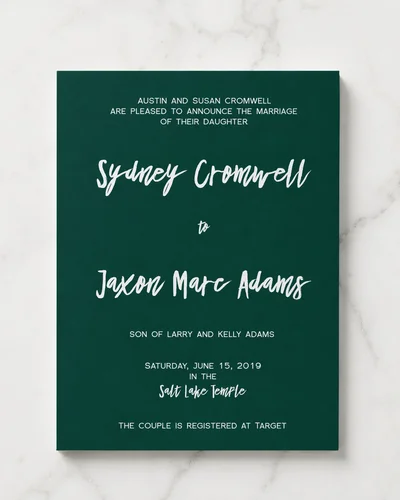 Classic vertical invitation with elegant script and photo on back