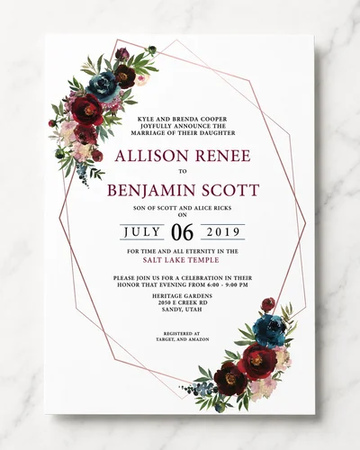 Floral wedding invitation with dusty rose peonies and sage greenery