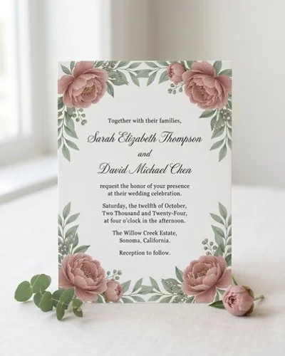 Floral wedding invitation design with dusty rose and greenery