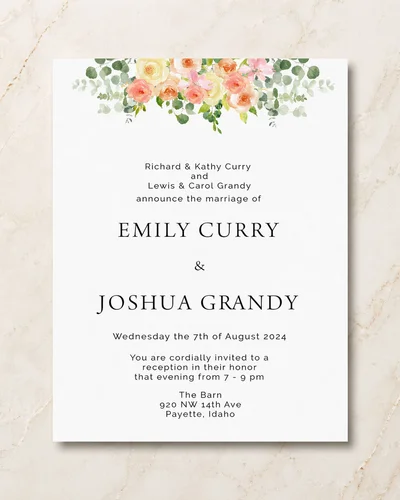 Soft blush invitation with watercolor flowers and matching insert card
