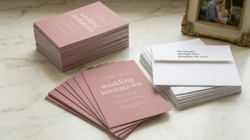 Large stack of custom wedding invitations ready for mailing to 200+ guests