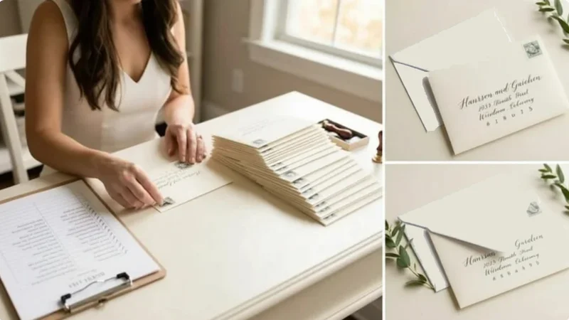 Utah bride organizing addressed wedding invitations ready to mail